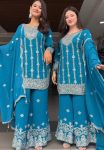 DESIGNER CHINON SILK EMBROIDERY CODING SEQUENCE WORK TOP BOTTOM WITH DUPATTA BLUE