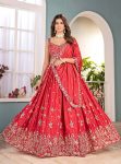 DESIGNER CHINON SILK EMBROIDERY SEQUENCE THREAD DESIGN WORK LEHENGA CHOLI WITH DUPATTA GAJARI