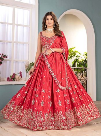 DESIGNER CHINON SILK EMBROIDERY SEQUENCE THREAD DESIGN WORK LEHENGA CHOLI WITH DUPATTA GAJARI