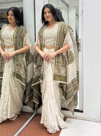 DESIGNER CHINON SILK EMBROIDERY WITH REAL MIRROR WORK DRAPE SKIRT BLOUSE WITH DUPATTA WHITE