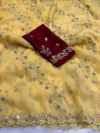 DESIGNER CRUNCHY LEHERIYA AND RICH MULTI EMBROIDERY THREAD WORK SAREE WITH UNSTITCHED BLOUSE YELLOW