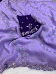 DESIGNER CRUNCHY LEHERIYA AND RICH MULTI EMBROIDERY THREAD WORK SAREE WITH UNSTITCHED BLOUSE LAVENDER
