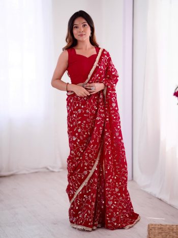 DESIGNER CRUNCHY SILK EMBROIDERY SEQUENCE WORK WITH LACE BORDER WORK SAREE WITH UNSTITCHED BLOUSE RED