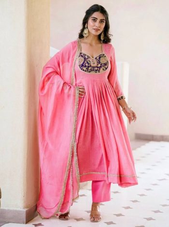 DESIGNER CRUNCHY SILK EMBROIDERY THREAD & SEQUENCE WORK GOWN BOTTOM WITH DUPATTA BABY PINK