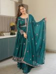 DESIGNER CRUSH SILK EMBROIDERY THREAD & SEQUENCE WORK  GOWN PALAZZO WITH DUPATTA GREEN