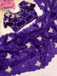 DESIGNER FANDY SATIN SILK HAND WORK WITH CUT WORK ARCO BORDER WORK SAREE WITH STITCHED BLOUSE PURPLE