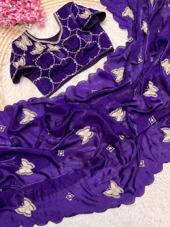 DESIGNER FANDY SATIN SILK HAND WORK WITH CUT WORK ARCO BORDER WORK SAREE WITH STITCHED BLOUSE PURPLE