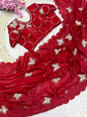 DESIGNER FANDY SATIN SILK HAND WORK WITH CUT WORK ARCO BORDER WORK SAREE WITH STITCHED BLOUSE RED