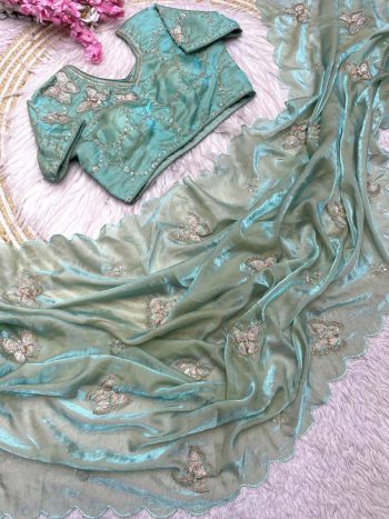 DESIGNER FANDY SATIN SILK HAND WORK WITH CUT WORK ARCO BORDER WORK SAREE WITH STITCHED BLOUSE PISTA