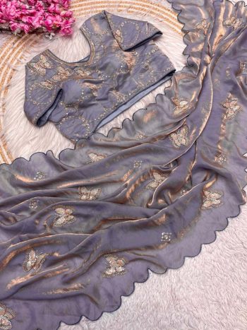 DESIGNER FANDY SATIN SILK HAND WORK WITH CUT WORK ARCO BORDER WORK SAREE WITH STITCHED BLOUSE GREY