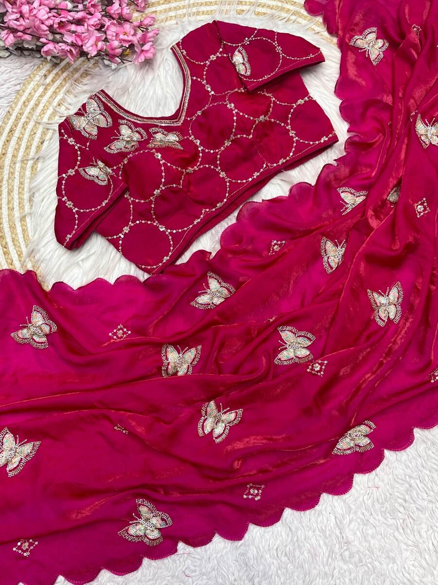 DESIGNER FANDY SATIN SILK HAND WORK WITH CUT WORK ARCO BORDER WORK SAREE WITH STITCHED BLOUSE PARTY WEAR WHOLESALE PRICE ETHNIC GARMENT (7)