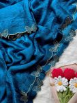 DESIGNER FENDY CHIFFON BUTTERFLY SWAROVSKI WORK WITH SCALLOP BORDER WORK SAREE WITH UNSTITCHED BLOUSE BLUE