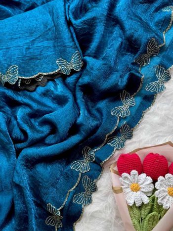 DESIGNER FENDY CHIFFON BUTTERFLY SWAROVSKI WORK WITH SCALLOP BORDER WORK SAREE WITH UNSTITCHED BLOUSE BLUE