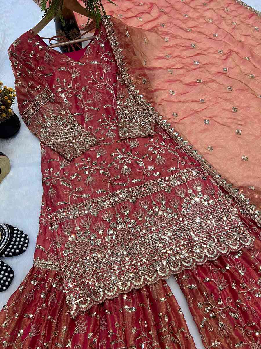 DESIGNER FENDY CRUSH SILK SEQUENCE EMBROIDERY WORK TOP SHARARA WITH DUPATTA WEDDING WEAR WHOLESALE PRICE ETHNIC GARMENT (1)
