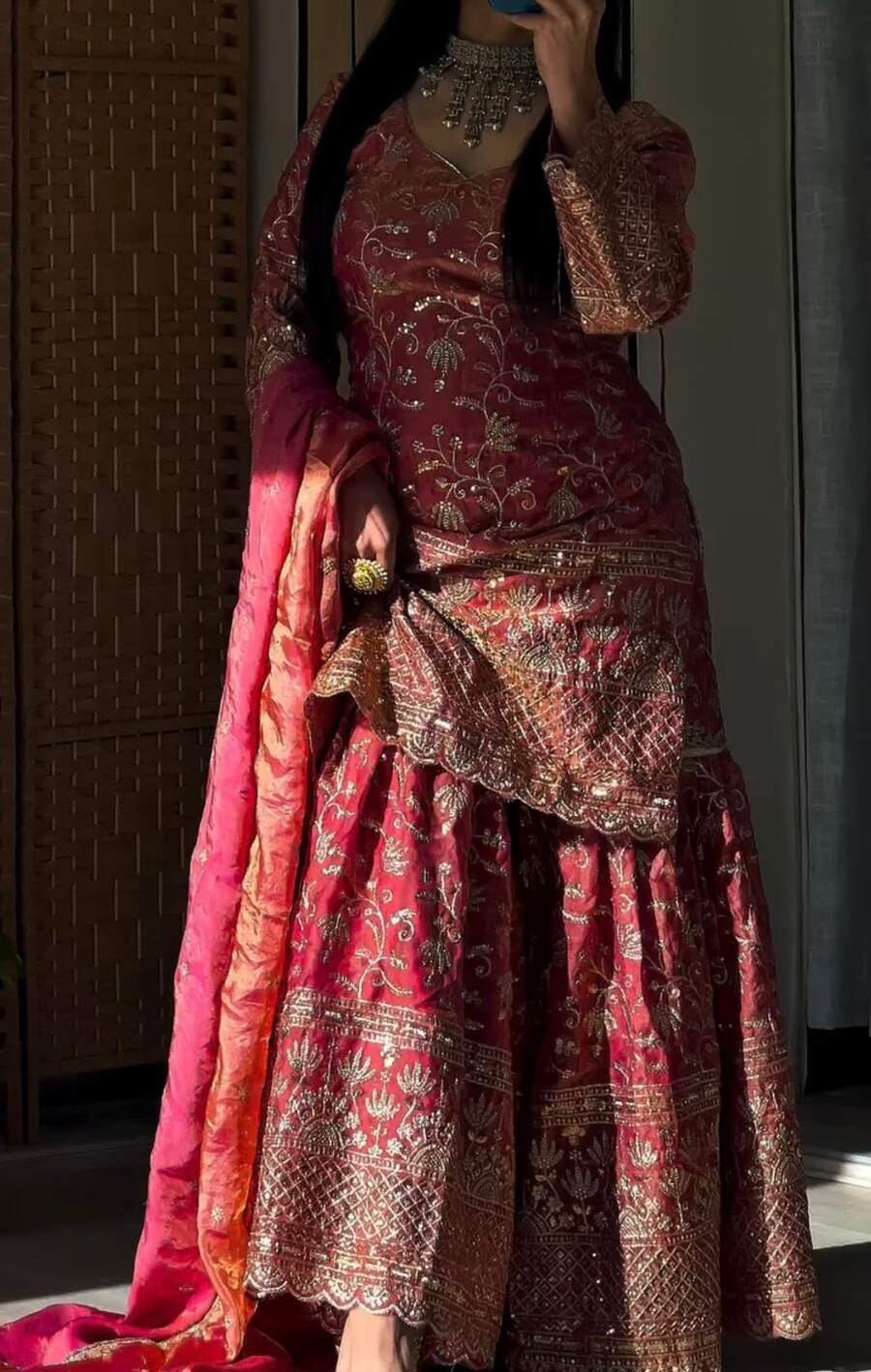 DESIGNER FENDY CRUSH SILK SEQUENCE EMBROIDERY WORK TOP SHARARA WITH DUPATTA WEDDING WEAR WHOLESALE PRICE ETHNIC GARMENT (2)