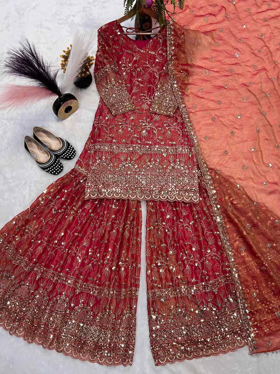 DESIGNER FENDY CRUSH SILK SEQUENCE EMBROIDERY WORK TOP SHARARA WITH DUPATTA WEDDING WEAR WHOLESALE PRICE ETHNIC GARMENT (4)