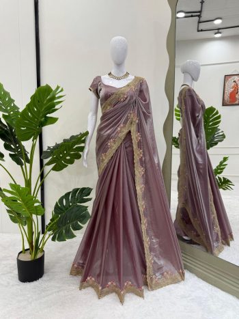 DESIGNER FENDY SILK THREAD EMBROIDERY WORK SAREE WITH UNSTITCHED BLOUSE LAVENDER