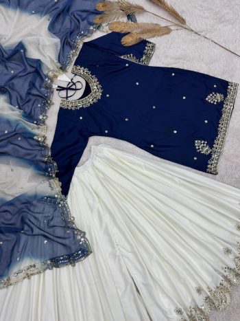 DESIGNER FRENCH CREPE EMBROIDERY SEQUENCE WORK TOP PALAZZO WITH DUPATTA  BLUE