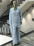 DESIGNER GEORGETTE BEAUTIFUL CHAIN STITCH EMBROIDERY SEQUENCE WITH GPO LACE WORK TOP PALAZZO WITH DUPATTA SKY