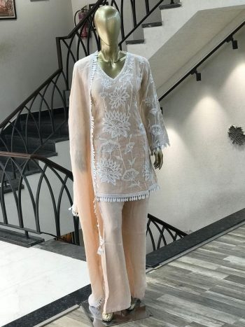 DESIGNER GEORGETTE BEAUTIFUL CHAIN STITCH EMBROIDERY SEQUENCE WITH GPO LACE WORK TOP PALAZZO WITH DUPATTA PEACH