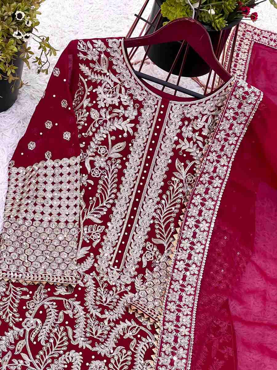 DESIGNER GEORGETTE CHAIN STITCH EMBROIDERY SEQUENCE WITH BEADS WORK TOP PALAZZO WITH DUPATTA WEDDING WEAR WHOLESALE PRICE ETHNIC GARMENT (1)