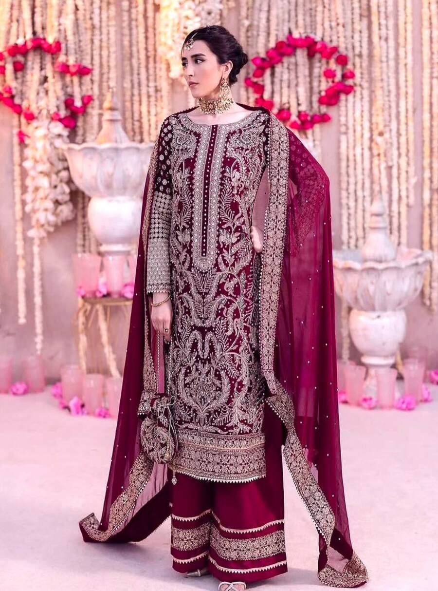 DESIGNER GEORGETTE CHAIN STITCH EMBROIDERY SEQUENCE WITH BEADS WORK TOP PALAZZO WITH DUPATTA WEDDING WEAR WHOLESALE PRICE ETHNIC GARMENT (3)