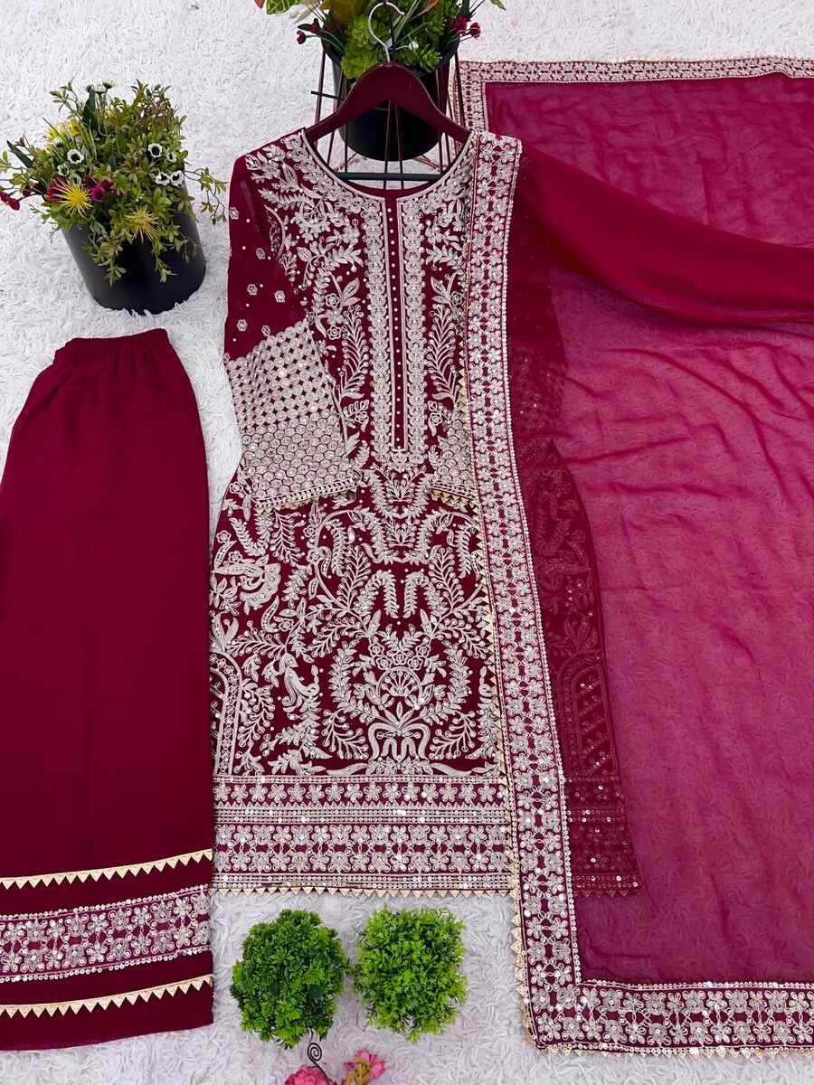 DESIGNER GEORGETTE CHAIN STITCH EMBROIDERY SEQUENCE WITH BEADS WORK TOP PALAZZO WITH DUPATTA WEDDING WEAR WHOLESALE PRICE ETHNIC GARMENT (6)