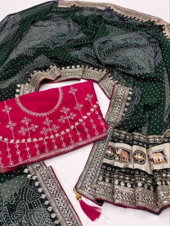 DESIGNER GEORGETTE CODING SEQUENCE BORDER WITH BADHANI FOIL PRINT WORK SAREE WITH UNSITCHED BLOUSE GREEN