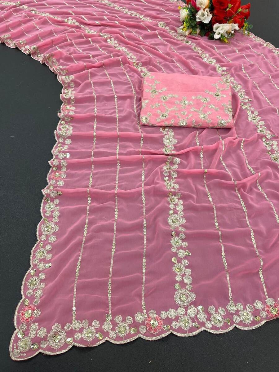 DESIGNER GEORGETTE CONTRAST PALLU EMBROIDERY THREAD AND SEQUENCE WORK WITH CUT WORK SAREE WITH UNSTITCHED BLOUSE PARTY WEAR WHOLESALE PRICE ETHNIC GARMENT (1).jpeg