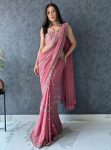 DESIGNER GEORGETTE CONTRAST PALLU EMBROIDERY THREAD AND SEQUENCE WORK WITH CUT WORK SAREE WITH UNSTITCHED BLOUSE BABY PINK