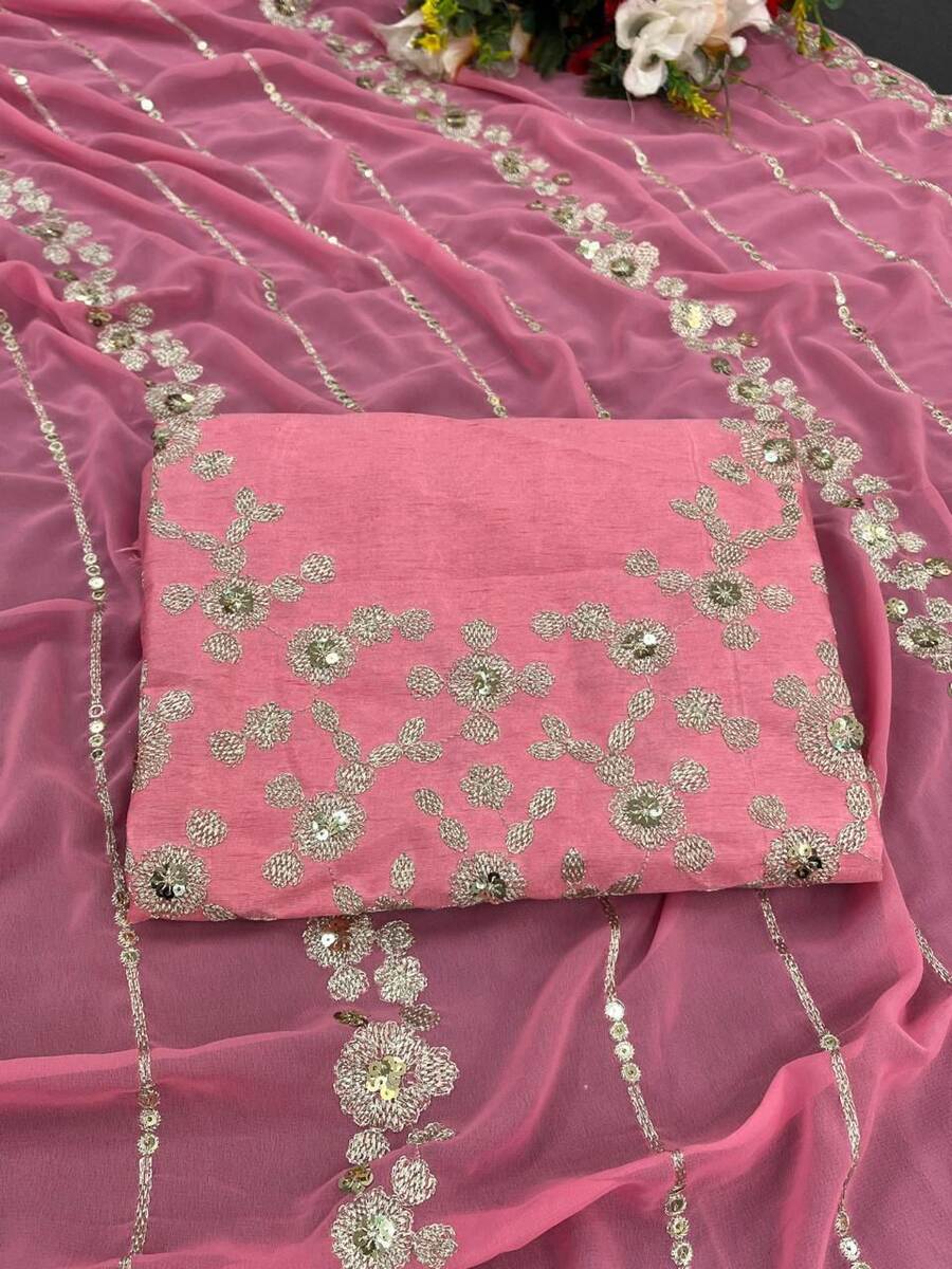 DESIGNER GEORGETTE CONTRAST PALLU EMBROIDERY THREAD AND SEQUENCE WORK WITH CUT WORK SAREE WITH UNSTITCHED BLOUSE PARTY WEAR WHOLESALE PRICE ETHNIC GARMENT (3)