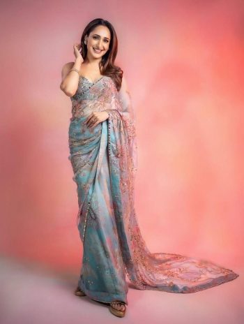 DESIGNER GEORGETTE DIGITAL PRINT WITH HAND MIRROR, ZARI & SEQUENCE WORK SAREE WITH UNSTITCHED BLOUSE SKY