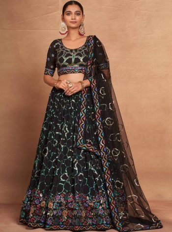 DESIGNER GEORGETTE EMBROIDERY AND SEQUENCE WORK LEHENGA CHOLI WITH DUPATTA BLACK