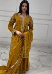 DESIGNER GEORGETTE EMBROIDERY AND SEQUENCE WORK WITH CUT WORK TOP PALAZZO WITH DUPATTA MUSTARD