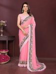 DESIGNER GEORGETTE EMBROIDERY CUTWORK WORK LACE BORDER WORK SAREE WITH UNSTITCHED BLOUSE BABY PINK