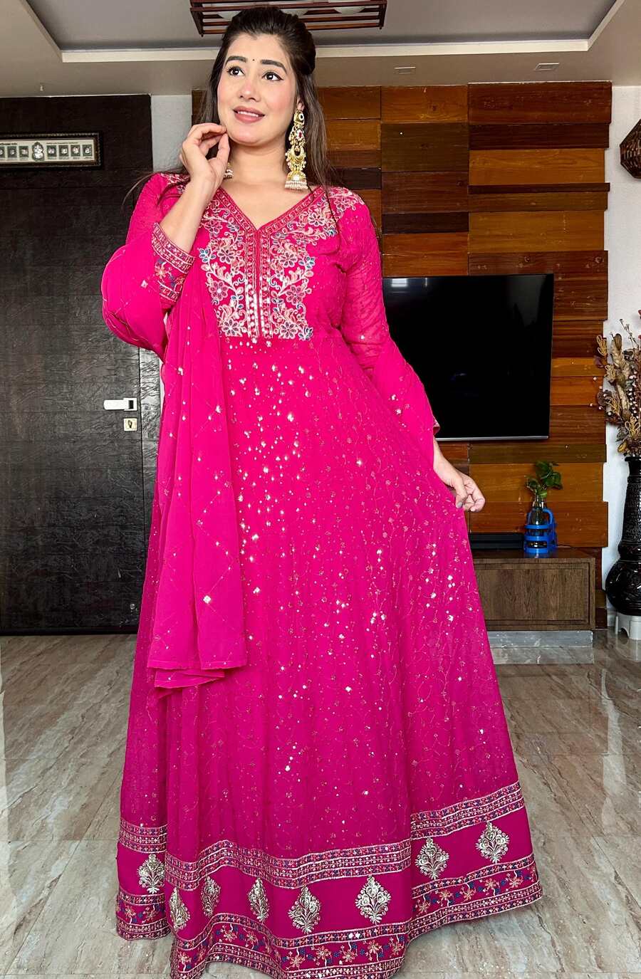 DESIGNER GEORGETTE EMBROIDERY SEQUENCE WORK GOWN BOTTOM WITH DUPATTA FESTIVE WEAR WHOLESALE PRICE ETHNIC GARMENT (3)