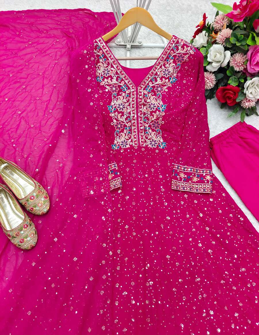 DESIGNER GEORGETTE EMBROIDERY SEQUENCE WORK GOWN BOTTOM WITH DUPATTA FESTIVE WEAR WHOLESALE PRICE ETHNIC GARMENT (9)