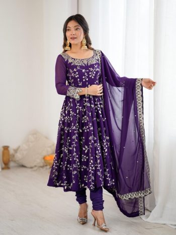 DESIGNER GEORGETTE EMBROIDERY SEQUENCE WORK GOWN BOTTOM WITH DUPATTA PURPLE