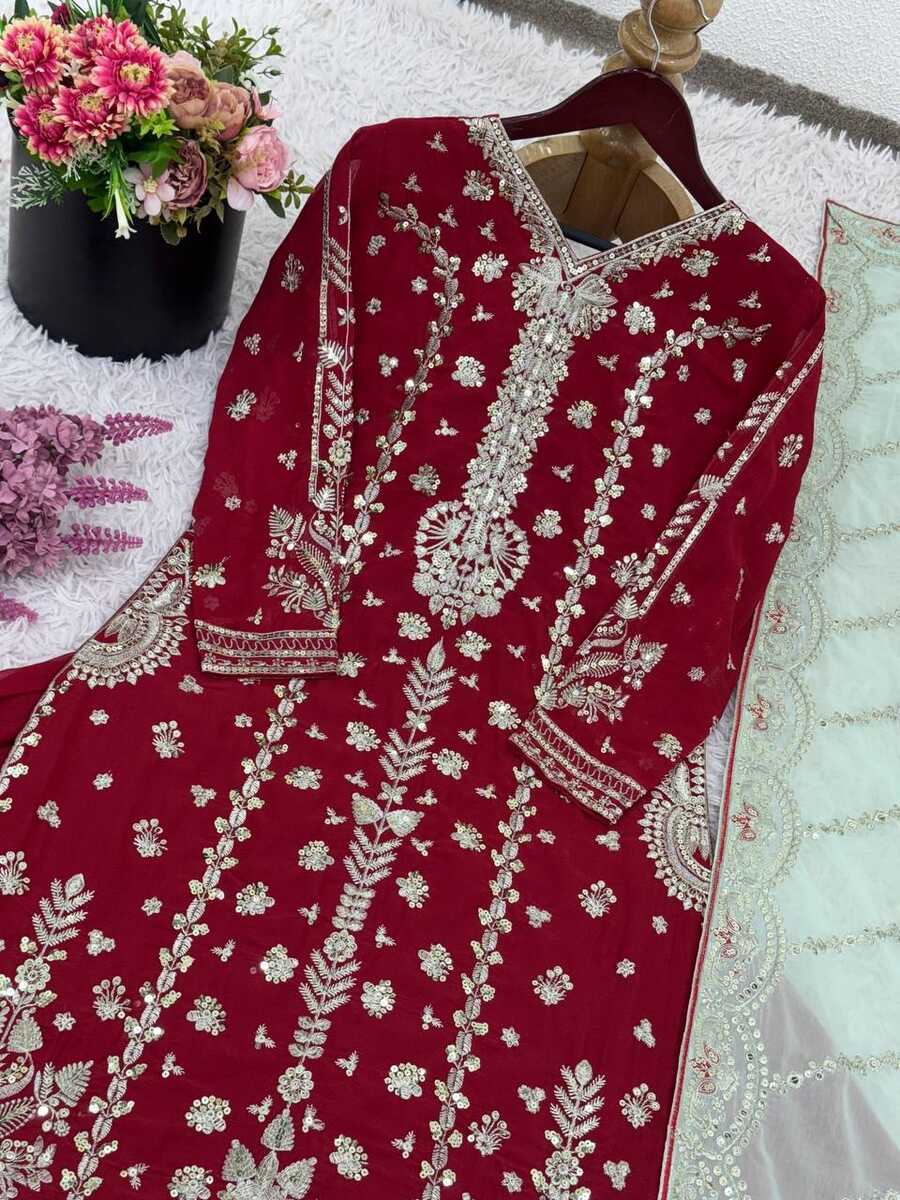 DESIGNER GEORGETTE EMBROIDERY SEQUENCE WORK TOP LEHENGA WITH DUPATTA WEDDING WEAR WHOLESALE PRICE ETHNIC GARMENT (16)