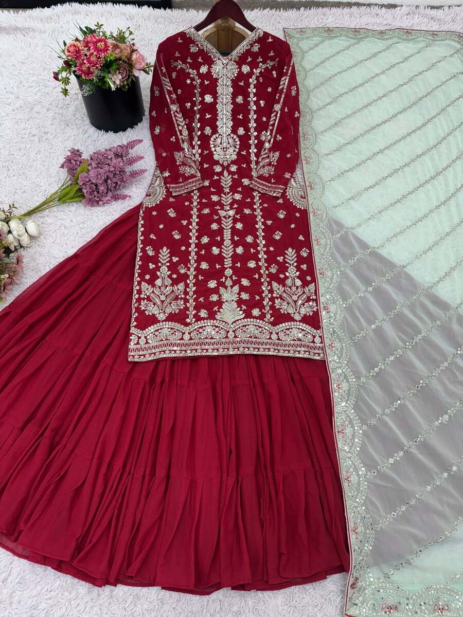 DESIGNER GEORGETTE EMBROIDERY SEQUENCE WORK TOP LEHENGA WITH DUPATTA WEDDING WEAR WHOLESALE PRICE ETHNIC GARMENT (18)