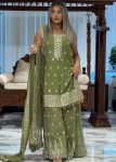 DESIGNER GEORGETTE EMBROIDERY SEQUENCE WORK WITH FANCY LATKAN BORDER WORK TOP PALAZZO WITH DUPATTA GREEN