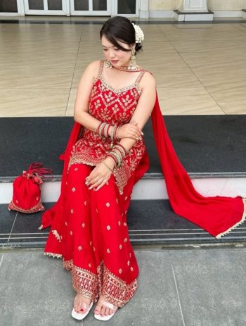 DESIGNER GEORGETTE EMBROIDERY SEQUENCE WORK WITH FANCY LATKAN WORK TOP PALAZZO WITH DUPATTA RED