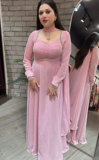 DESIGNER GEORGETTE EMBROIDERY SEQUENCES LACE AND FANCY CRIZZ WITH HAND WORK GOWN BOTTOM WITH DUPATTA BABY PINK