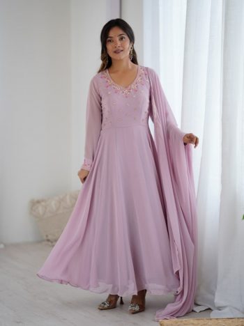 DESIGNER GEORGETTE HANDWORK GOWN BOTTOM WITH DUPATTA LAVENDER