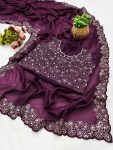 DESIGNER GEORGETTE SILK EMBROIDERY AND REAL MIRROR AND DIAMOND HAND WORK SAREE WITH UNSTITCHED BLOUSE WINE