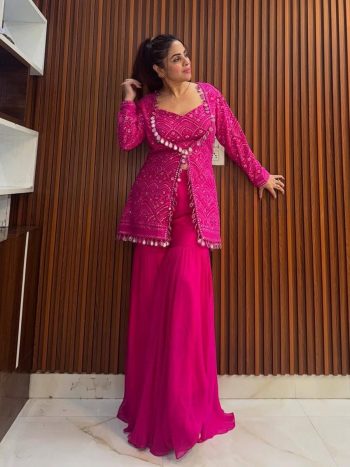 DESIGNER GEORGETTE THREAD & SEQUENCE EMBROIDERY WORK BLOUSE JACKET WITH SHARARA AND DUPATTA PINK