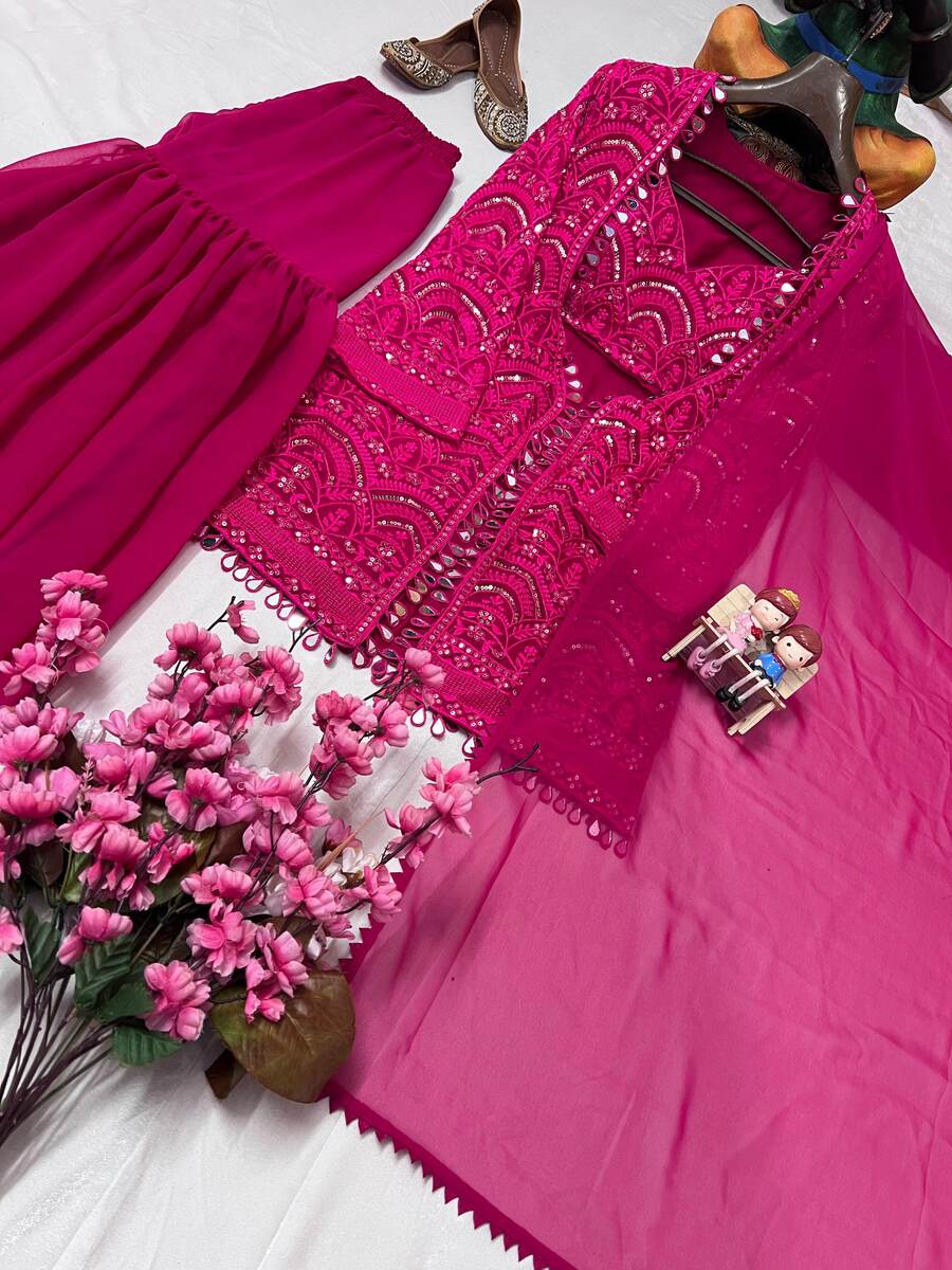DESIGNER GEORGETTE THREAD & SEQUENCE EMBROIDERY WORK BLOUSE JACKET WITH SHARARA AND DUPATTA PARTY WEAR WHOLESALE PRICE ETHNIC GARMENT (7)