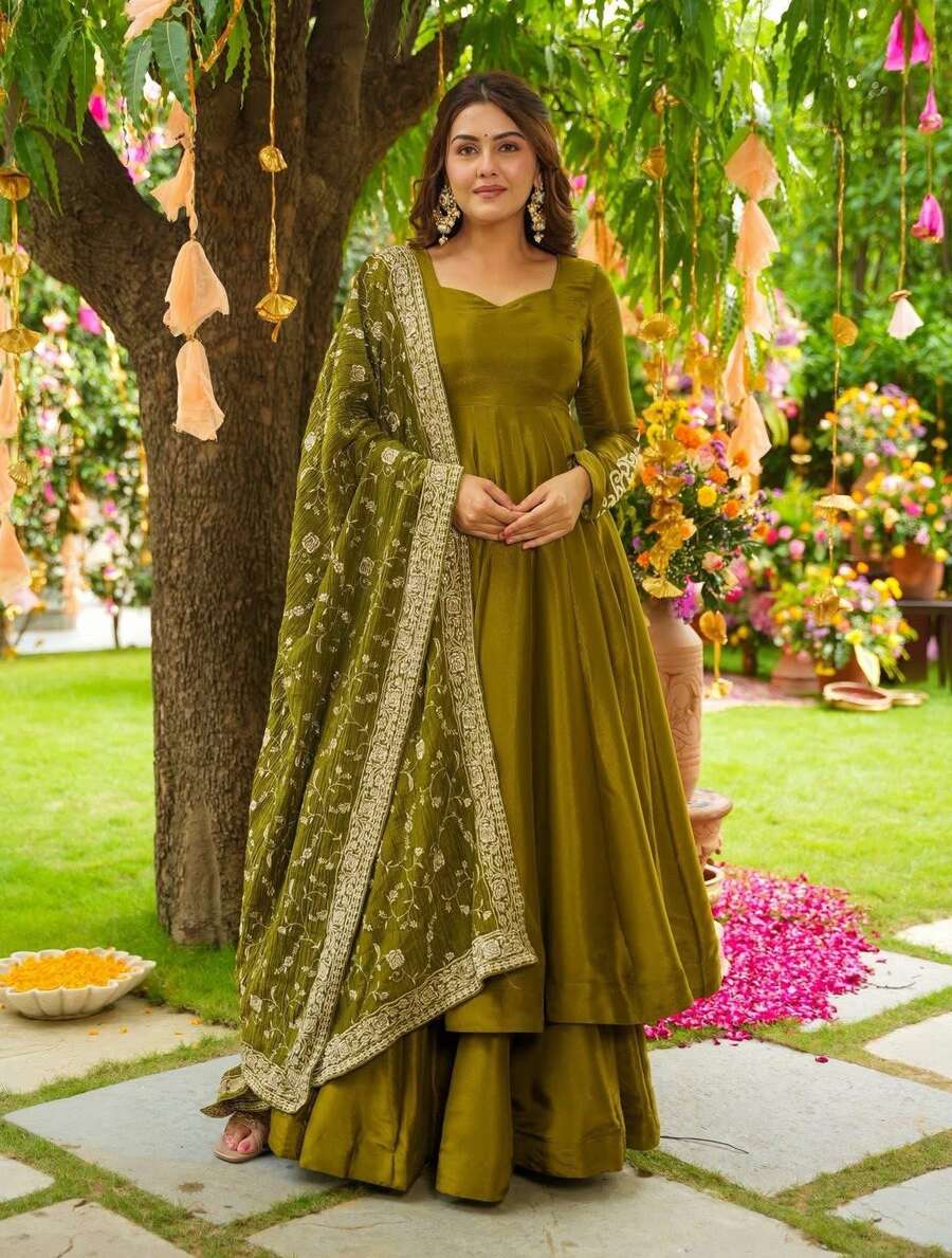 DESIGNER GERMAN CHIFFON EMBROIDERY SEQUENCE WORK GOWN PALAZZO WITH DUPATTA PARTY WEAR WHOLESALE PRICE ETHNIC GARMENT (10)