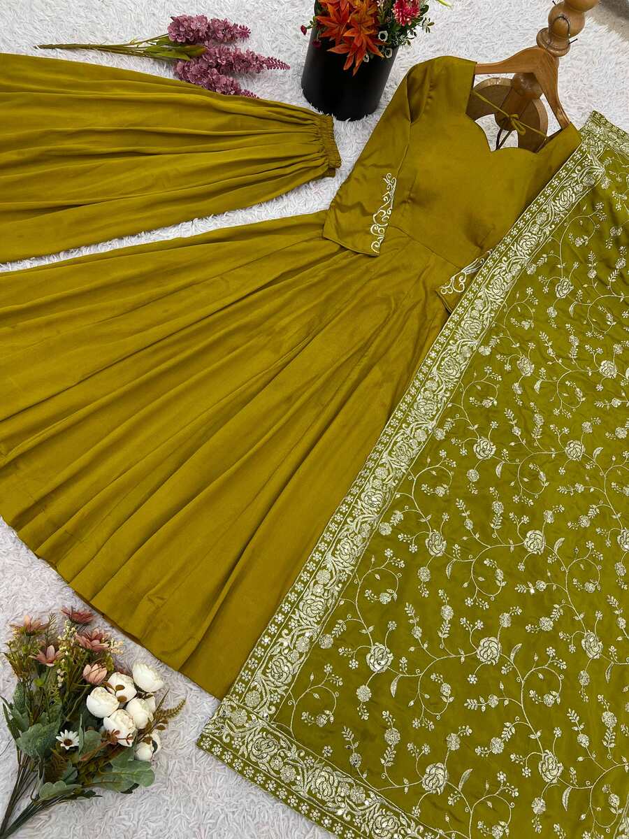 DESIGNER GERMAN CHIFFON EMBROIDERY SEQUENCE WORK GOWN PALAZZO WITH DUPATTA PARTY WEAR WHOLESALE PRICE ETHNIC GARMENT (15)