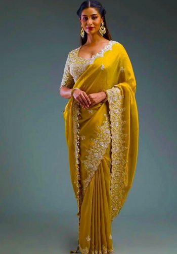 DESIGNER GOLD CRUSH SILK EMBROIDERY ZARI, SEQUENCE AND CODING WITH CUT WORK BORDER WORK SAREE WITH UNSTITCHED BLOUSE YELLOW
